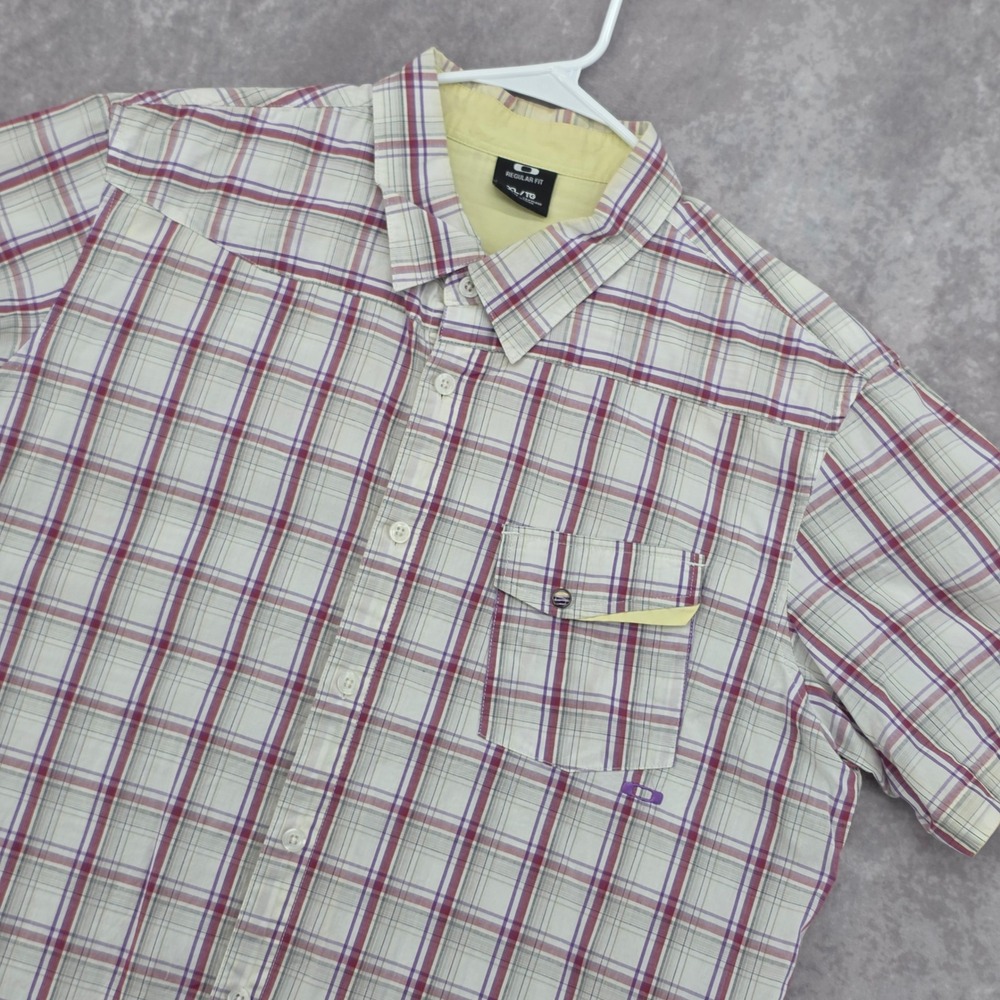 Oakley Mens XL Plaid Button Down Shirt Short Sleeve Regular Fit Purple Red Cream